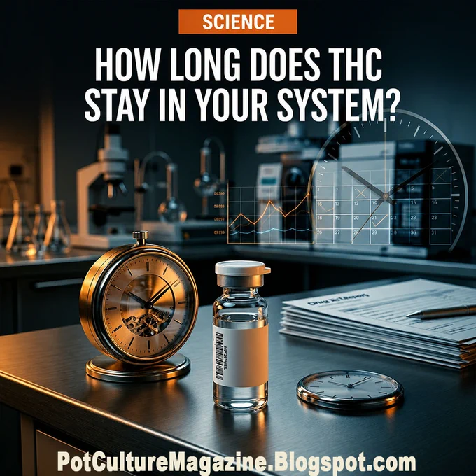 Laboratory scene with glass beakers a clock a vial and a stack of papers labeled Drug Test Report, digital overlay showing a clock and a line graph suggesting time measurement and data analysis, headline reading Science above text asking how long THC stays in your system, with PotCultureMagazine.Blogspot.com at the bottom and the Pot Culture Magazine logo included.