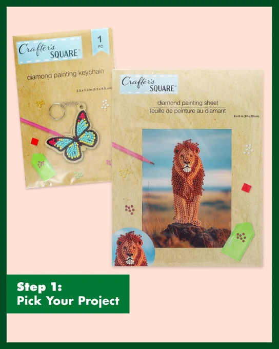 Diamond painting keychain kit featuring a colorful butterfly design with included tools and beads.