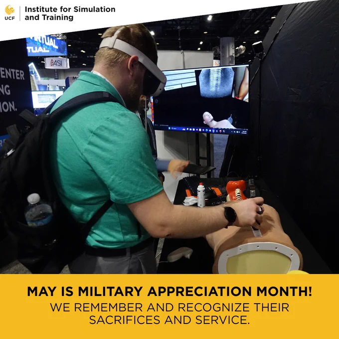 Person with VR headset practices on a torso manikin; screen shows a simulated patient. Banner: May — Military Appreciation Month.