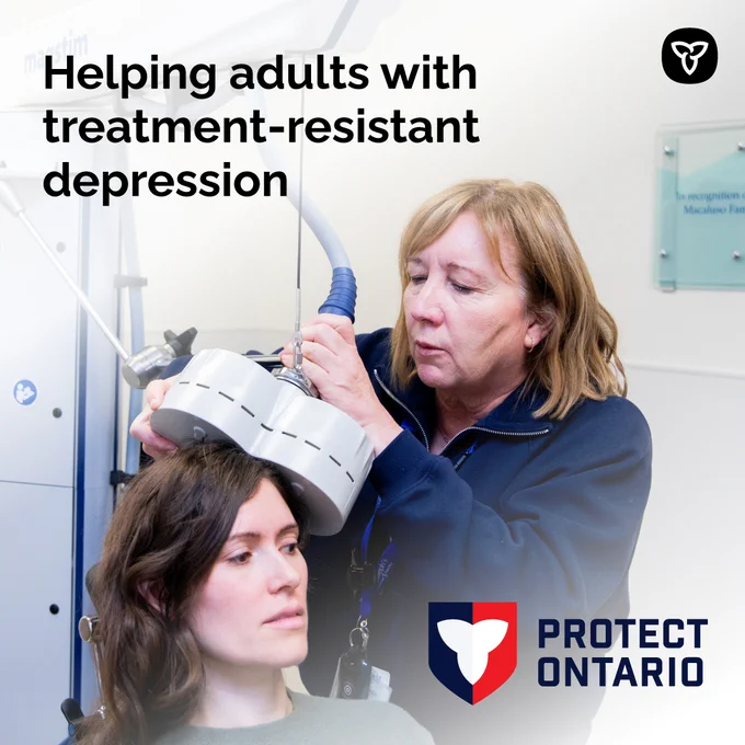 Demonstration of the repetitive transcranial magnetic stimulation device. Image Text: Helping adults with treatment-resistant depression.
