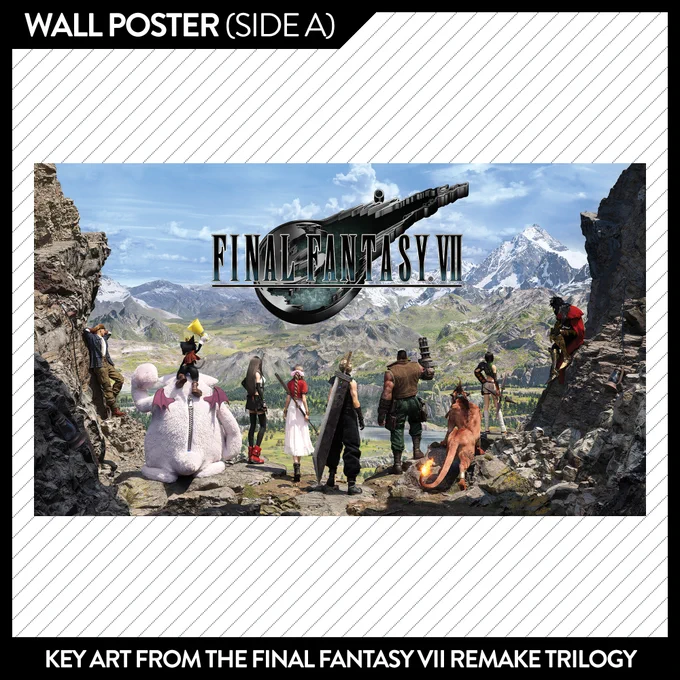 Side A of the double-sided wall poster included with print copies of Nintendo Force Magazine's 83rd issue. Key art from the Final Fantasy VII Remake trilogy is featured.