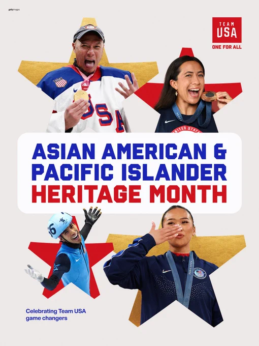 Photo of Team USA athletes Jen Lee, Suni Lee, Alena Olsen and Apolo Ohno with text: Asian American & Pacific Islander Heritage Month. Celebrating Team USA game changers