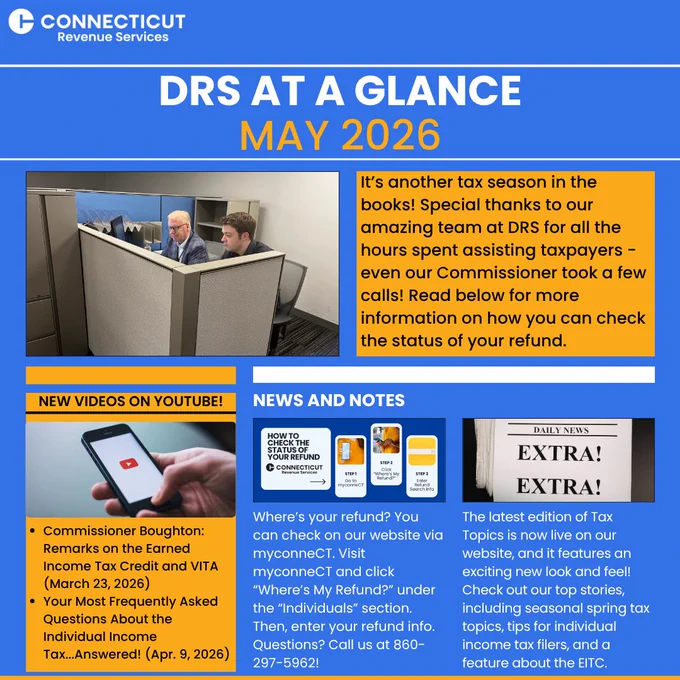 The DRS May newsletter template with a photo of Commissioner Boughton taking phone calls in the Hartford walk-in service center and information on checking the status of tax refunds. 