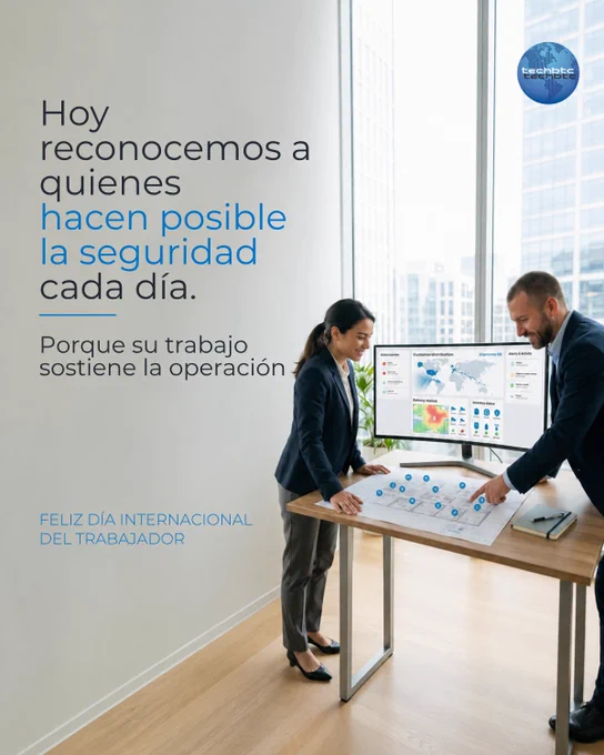 Dos profesionales analizan un plano técnico frente a una pantalla con datos, en un entorno corporativo. Mensaje: “Hoy reconocemos a quienes hacen posible la seguridad cada día. Porque su trabajo sostiene la operación.”
