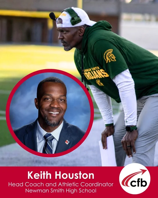A man in a green uniform with a logo on the front, standing on a sports field. Inset photo shows a smiling man in a suit.