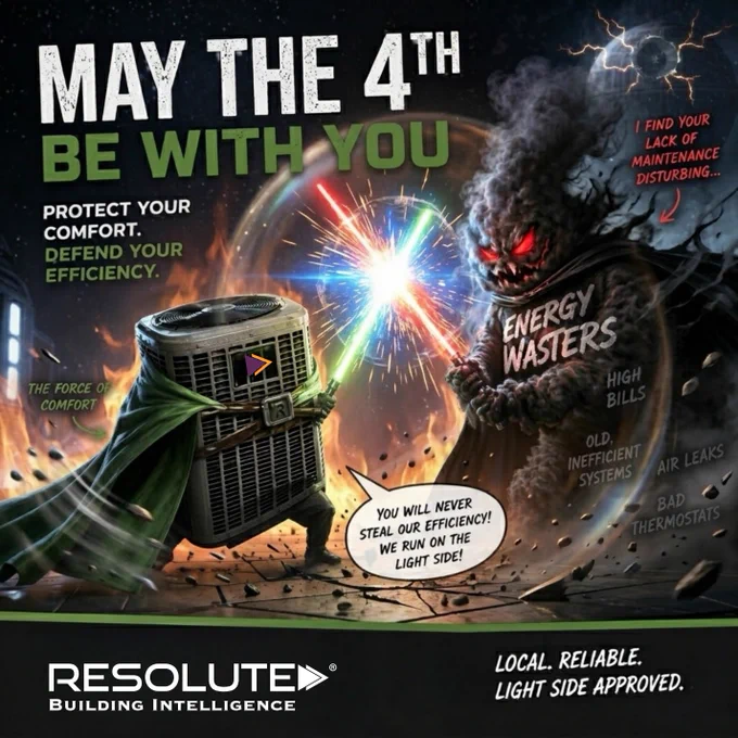 Star Wars-inspired “May the 4th Be With You” graphic from Resolute Building Intelligence. An HVAC unit dressed like a hero with a green cape faces a smoky “Energy Wasters” villain holding red and green lightsabers. Text reads, “Protect your comfort. Defend your efficiency,” with phrases like “high bills,” “old, inefficient systems,” “air leaks,” and “bad thermostats” in the background. The Resolute Building Intelligence logo appears at the bottom with the phrase “Local. Reliable. Light side approved.