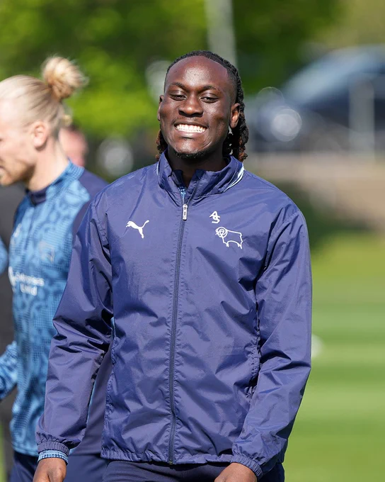 David Ozoh smiles in training ahead of Derby County's Sky Bet Championship match against Sheffield United on Saturday (12:30pm kick-off).