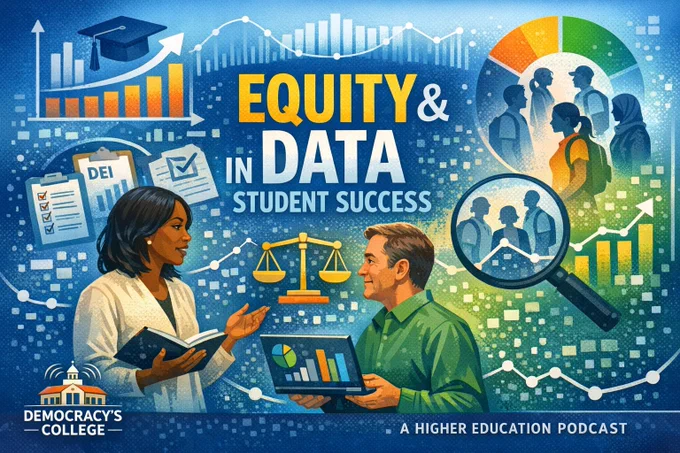 A graphic of two people talking with the words "Equity & Data in Student Success"