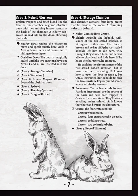 Page 7 of Atop the Dragon Summit, featuring two volcanic rabbits, as well as Area 3, the kobold warrens, and Area 4, a storage chamber