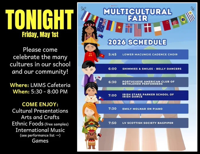 Our Annual Multicultural Fair is here, tonight from 5:30pm-8:00pm. Along with many tables of presentations, arts and crafts, foods, and games, check out our awesome schedule of performances. Hope to see you there!