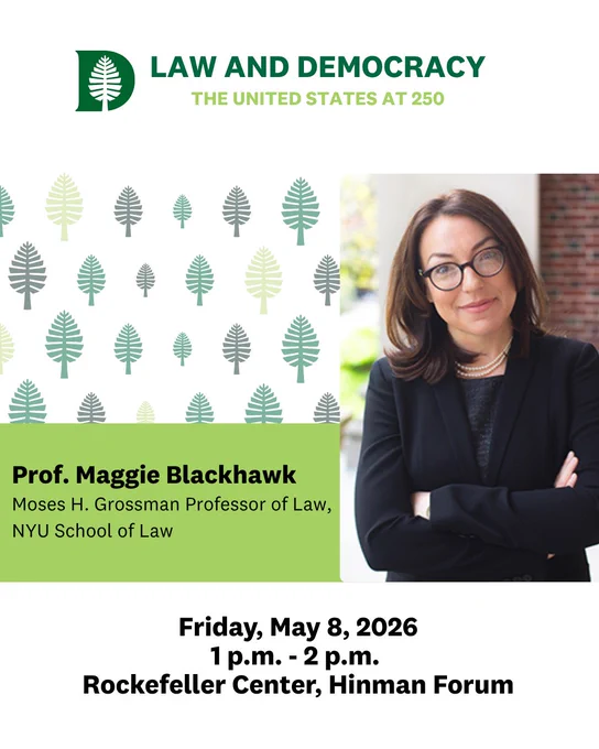 A photo of Maggie Blackhawk in a suit. Text: Law and Democracy, the United States at 250.