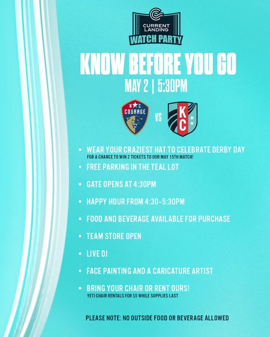 Current Landing watch party know before you go 

“Wear your craziest hat to celebrate Derby day for a chance to win 2 tickets to our May 15th match!”
“Free parking”
“Happy hour from 4:30–5:30 PM”
“Food and beverage available for purchase”
“Team Store Open”
“Live DJ and activities”
“Bring your chair OR RENT OURS! [YETI chair rentals for $5 while supplies last]”