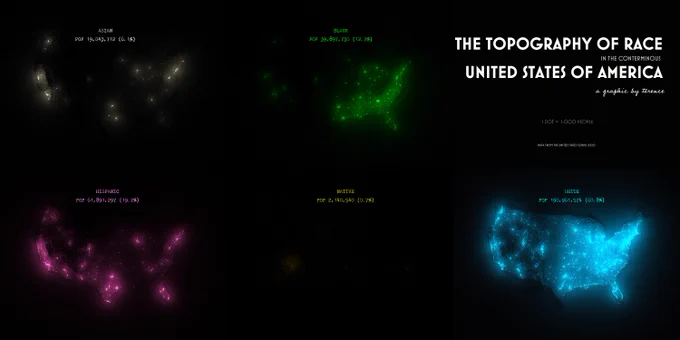 A visualisation of race in the conterminous United States, with five maps showing the distribution of Asian, Black, Hispanic, Native, and White populations