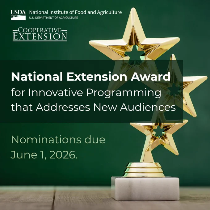 USDA NIFA and Cooperative Extension logos and the text "National Extension Award for Innovative Programming that Addresses New Audiences | Nominations due June 1, 2026."