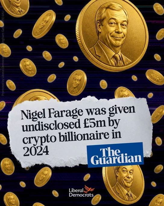 Illustration of gold coins featuring Nigel Farage’s face falling against a dark digital-style background. In the centre, a torn paper headline reads: “Nigel Farage was given undisclosed £5m by crypto billionaire in 2024” with The Guardian logo beneath. 