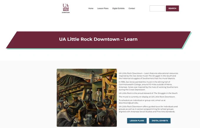 The ualrdowntown-learn.org website featuring the Joe Jones mural "The Struggle in the South." The painting features coal miners dressed in 1930s-style blue uniforms, sitting outside of a worksite. 