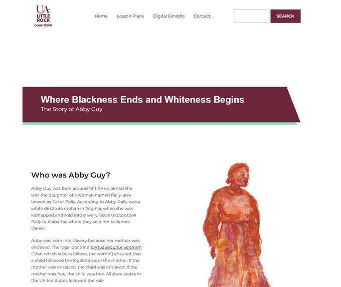 Website page titled 'Where Blackness Ends and Whiteness Begins' telling the story of Abby Guy with a historical illustration of a woman in period clothing.