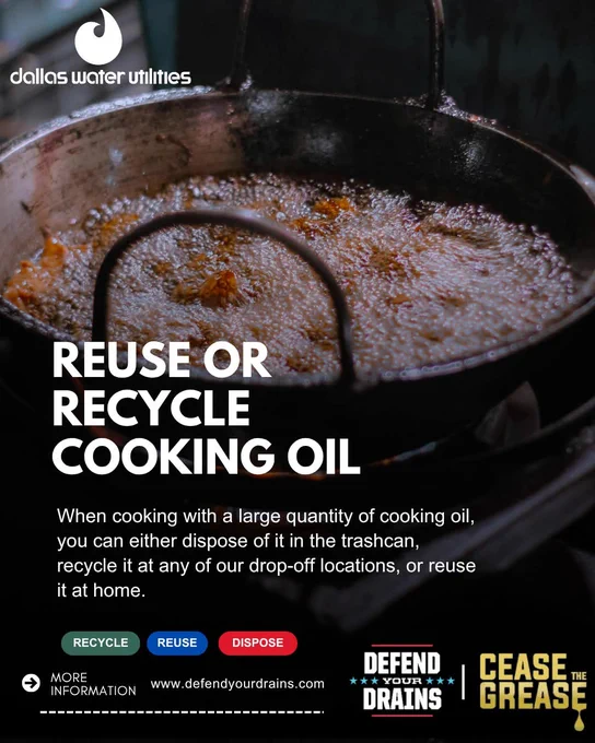 Image of food being fried in a pot with a message saying to reuse & recycle cooking oil at any Dallas drop off locations. You can find more information at www.defendyourdrains.com