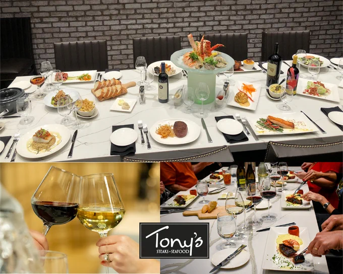Collage of a table filled with food, next a table of diners eating with filled plates and wine glasses, next a couple toasting with wine. 