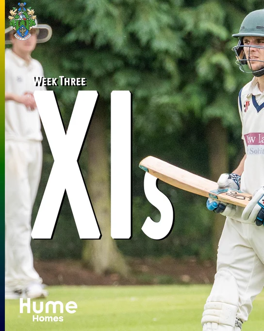 Halstead Cricket Club Week Three XIs announcement cover card. A cricket batsman in helmet and gloves holds a bat in the foreground, with a fielder visible behind him against a green tree backdrop. Large white text reads "Week Three XIs". The HCC coat of arms appears top left, and the Hume Homes sponsor logo sits bottom left. A green, yellow and navy stripe runs down the left edge.