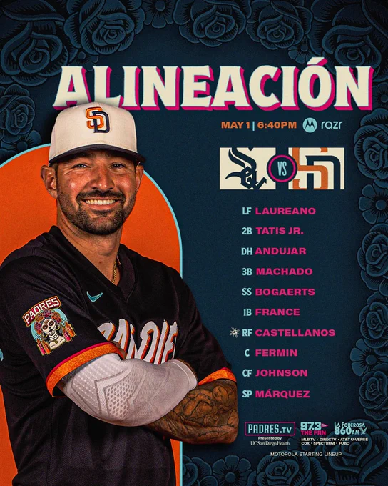 Padres Lineup Graphic. The background of the graphic is dark blue and features a border of roses. Text at the top of the graphic reads “Alineación presented by Motorola Razr | May 1 | 6:40PM | White Sox (logo) vs Padres (logo). The lineup is listed below: LF Laureano, 2B Tatis Jr., DH Andujar, 3B Machado, SS Bogaerts, 1B France, RF Castellanos, C Fermin, CF Johnson, SP Márquez. Below the lineup is today’s tune-in: Padres.TV presented by UC San Diego Health, 97.3 FM The Fan, La Poderosa 860 AM, MLB.TV, DirecTV, AT&T U-Verse, Cox, Spectrum, Fubo. Small text underneath the tune-in section reads “Motorola Starting Lineup”. On the left side of the graphic, there is a photo of Nick Castellanos posing in the Padres City Connect 2.0 uniform.