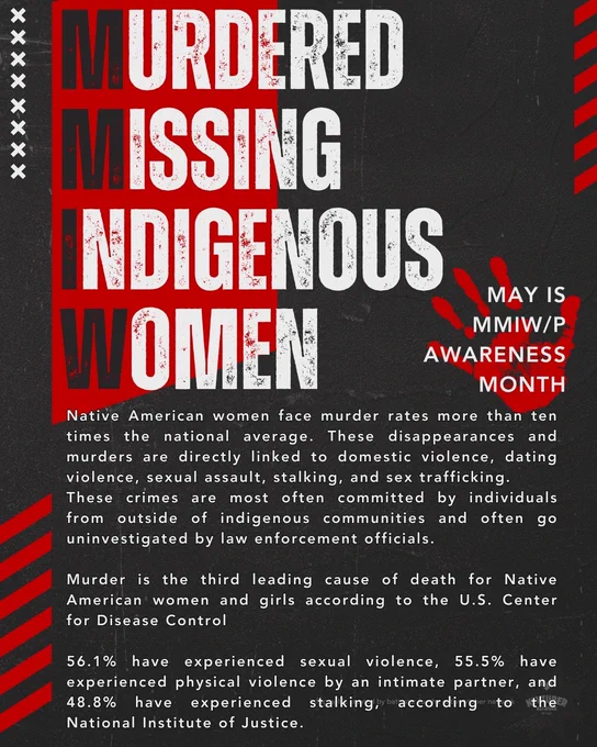 May Is Missing Murdered Indigenous Women/Peoples Awareness Month (MMIW/P). 

Native American women face murder rates more than ten times the national average. These disappearances and murders are directly linked to domestic violence, dating violence, sexual assault, stalking, and sex trafficking. These crimes are most often committed by individuals from outside of indigenous communities and often go uninvestigated by law enforcement officials. 

Murder is the third leading cause of death for Native American women and girls according to the U.S. Center for Disease Control.

56.1% have experienced sexual violence, 55.5% have experienced physical violence by an intimate partner, and 48.8% have experienced stalking, according to the National Institute of Justice. 
