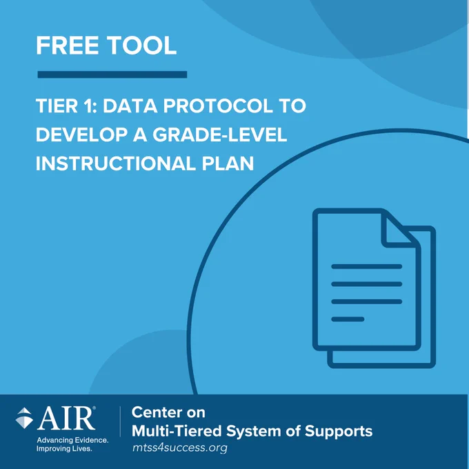 Graphic promoting a free tool titled “Tier 1: Data Protocol to Develop a Grade-Level Instructional Plan,” featuring a document icon on a blue background, with the MTSS Center logo at the bottom.