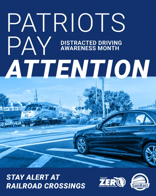 A blue-toned poster promoting Distracted Driving Awareness Month. A car is stopped at a railroad crossing with a SunRail train approaching. Text reads: "PATRIOTS PAY ATTENTION," "Distracted Driving Awareness Month," and "Stay alert at railroad crossings." Logos for Target Zero and SunRail are visible.