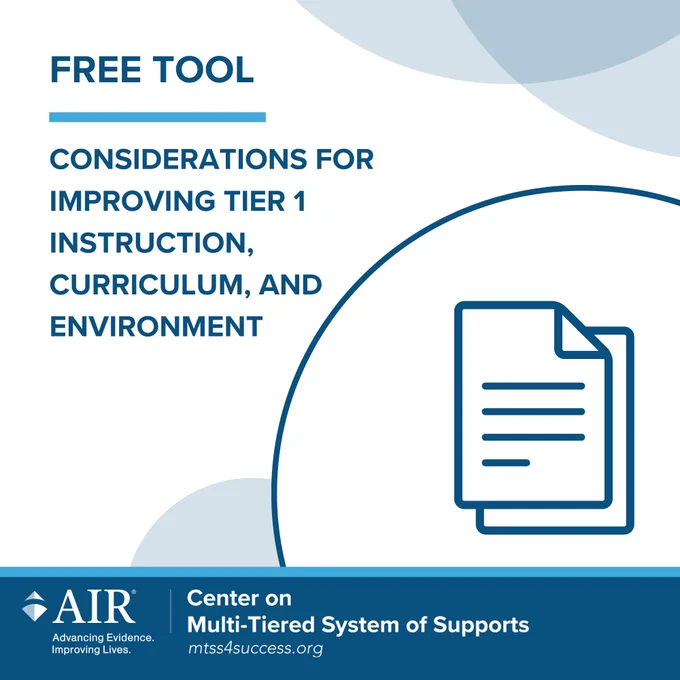 Graphic promoting a free tool titled “Considerations for Improving Tier 1 Instruction, Curriculum, and Environment,” featuring a document icon on a blue-and-white background, with the MTSS Center logo at the bottom.