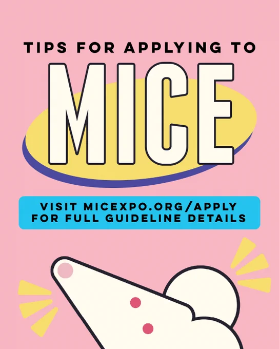 A geometric mouse pops its head up from the bottom of the page. Text reads "Tips for applying to MICE" ... Our site MICEXPO.ORG/Apply has more details.