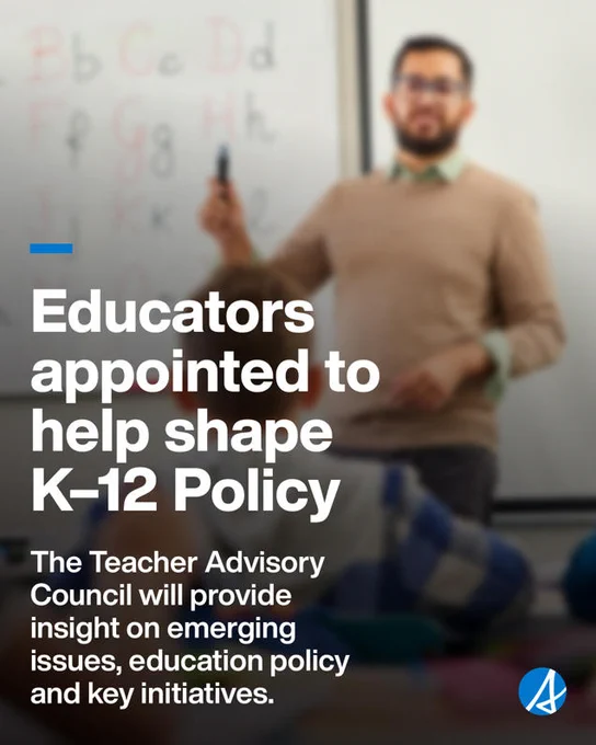 Image of a teacher standing by a whiteboard with letters written on it, overlaid with text about educators helping shape K–12 policy and a Teacher Advisory Council providing insights on education issues.