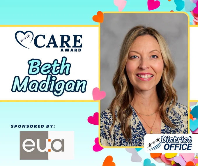 Portrait of Beth Madigan, recipient of the CARE Award, with colorful heart decorations and sponsor logos.