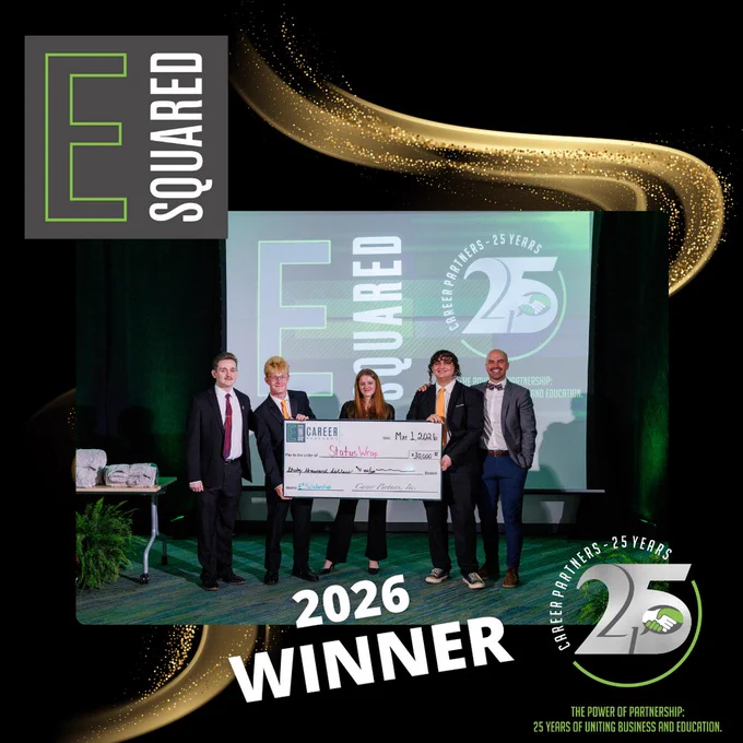 Graphic announcing “E Squared 2026 Winner” with Career Partners branding and a 25-year anniversary logo. At center, a group of three  students and two adults stand on a stage holding an oversized check for a scholarship, with a presentation screen behind them displaying the E Squared logo. Gold abstract accents frame the black background.