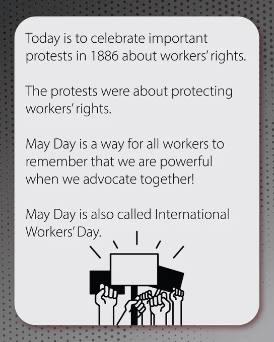 Gradient grey background. There’s a light grey box with text that reads: Today is to celebrate important protests in 1886 about workers’ rights.  The protests were about protecting workers’ rights. May Day is a way for all workers to remember that we are powerful when we advocate together! May Day is also called International Workers’ Day. Below the text, there’s an illustration of fists with protest signs.