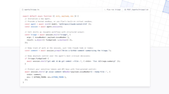 A code snippet of Flue. Check out https://flueframework.com/ to see it there.