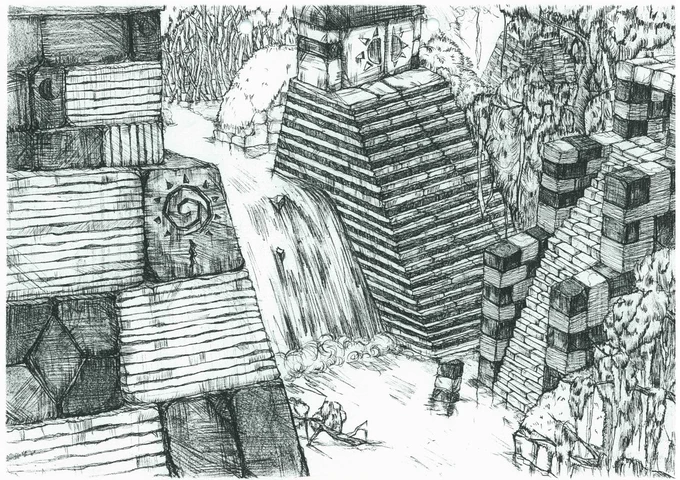 Sonic Adventure concept art featuring a waterfall and temple area