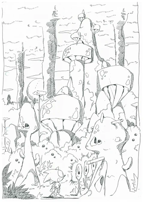 Sonic is nearly engulfed in the sprawling environment in this Sonic Adventure concept art