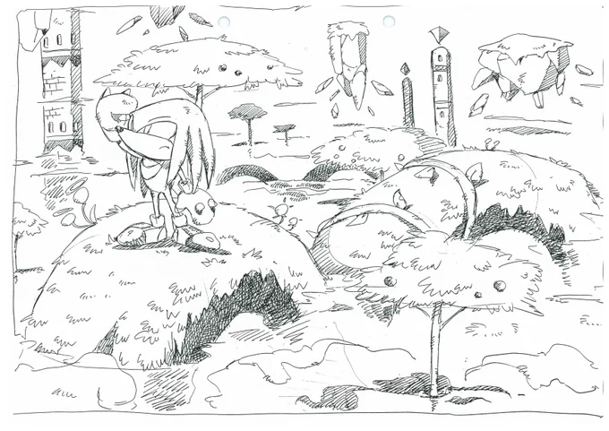 Knuckles is searching for something in this Sonic Adventure concept art