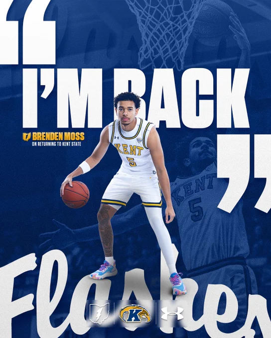 Kent State Men's Basketball player return announcement graphic for Brenden Moss. A navy blue background features Moss in a white Kent number 5 uniform, dribbling a basketball in an athletic stance. A faded in-game photo of Moss in action appears behind him, along with a large basketball hoop graphic. Large white text reads 'I'm Back' with a attribution line reading 'Brenden Moss on returning to Kent State.' The word 'Flashes' is displayed in large script lettering at the bottom. The Ohio Flash, Kent State Golden Flashes, and Under Armour logos appear at the bottom center.