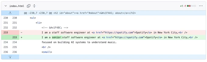 git diff showing that I got promoted to senior staff software engineer