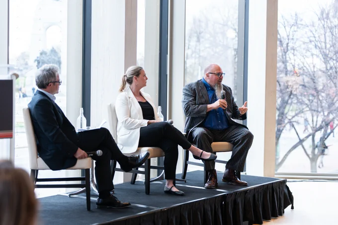 From left: Taylor Owen (Beaverbrook Chair in Media, Ethics and Communications and the founding director of The Center for Media, Technology and Democracy), Emily Laidlaw (Professor of Law, University of Calgary and Canada Research Chair - Cybersecurity Law), and Ethan Zuckerman (Professor of Public Policy, Communication and Information, University of Massachusetts and Founder, Initiative on Digital Public Infrastructure). Photo by Lindsay Ralph. 