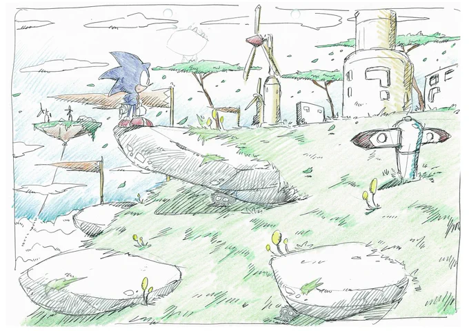 Sonic Adventure concept art featuring Sonic overlooking a very windy valley