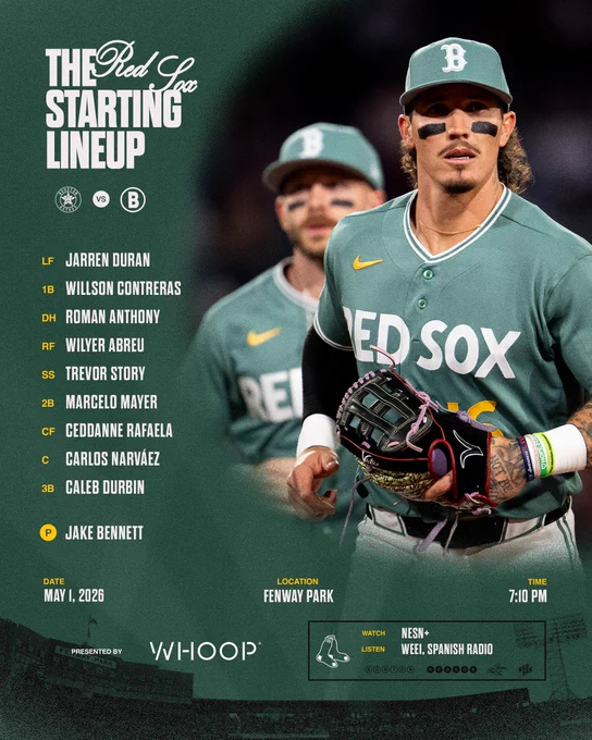 May 1, 2026 lineup vs. Houston Astros at Fenway Park: Duran LF, Contreras 1B, Anthony DH, Abreu RF, Story SS, Mayer 2B, Rafaela CF, Narváez C, Durbin 3B, Bennett P. Watch on NESN  and listen on WEEI & Spanish radio at 7:10pm.

IMAGE: Jarren Duran & Trevor Story take the field at Fenway Park in the Red Sox Fenway Greens uniforms.