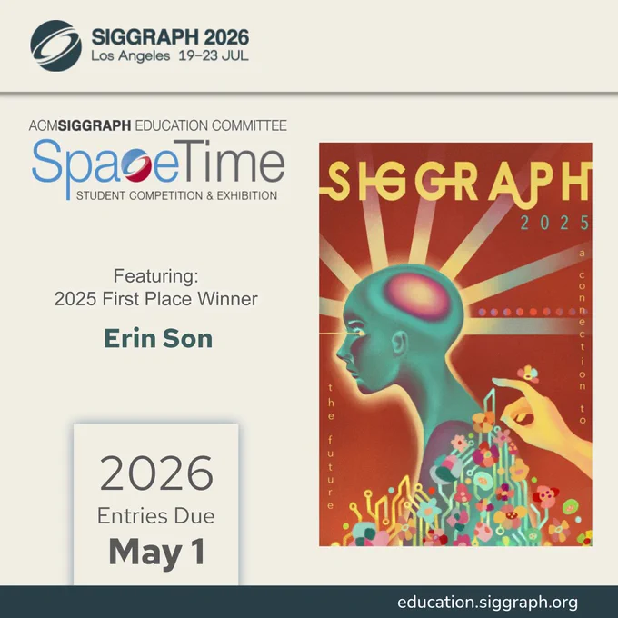 Image features the 2025 First Place Winning poster design with text indicating that the SpaceTime poster 2026 entries are due May 1, 2026. The poster features a human head in profile and a hand reaching towards it, flowers and circuit board motifs along the bottom edge.