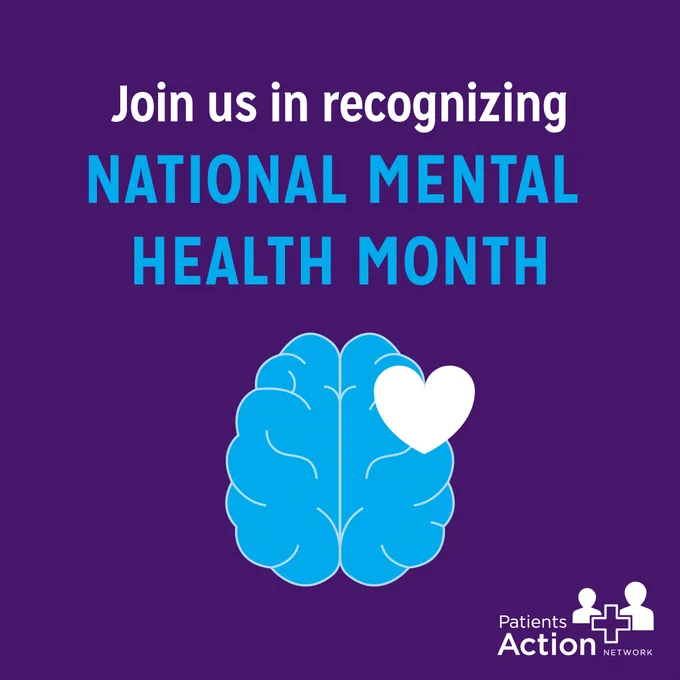 Purple background with a heart inside of a brain and text that reads "Join us in recognizing National Mental Health Month."