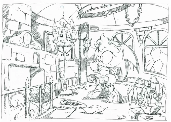 Sonic Adventure concept art featuring Amy Rose in a dreary looking building