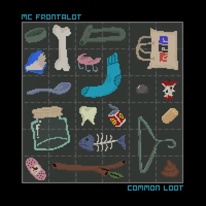 an album cover for the digital single. 
The text MC FRONTALOT is at top, COMMON LOOT at bottom.
Center is a large pixel-art inventory grid loaded with vendor trash.