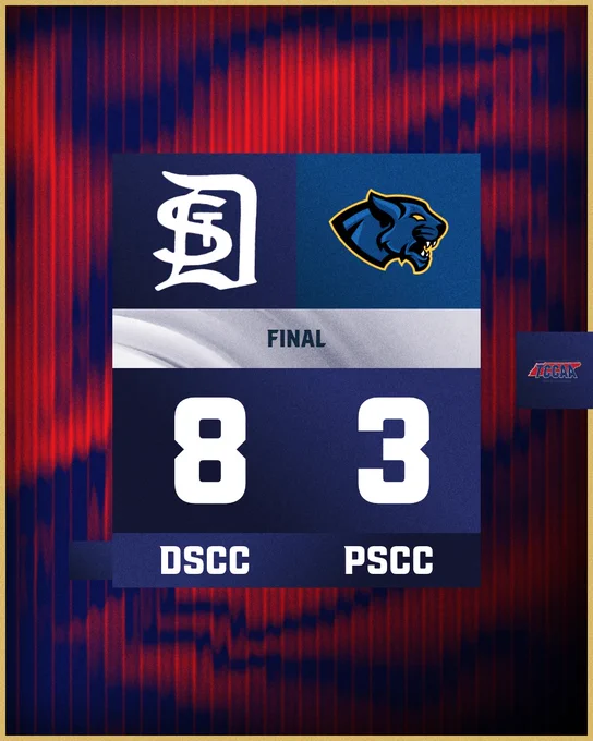 Final scoreboard showing DSCC defeating PSCC with a score of 8 to 3, featuring team logos on a red and blue background.