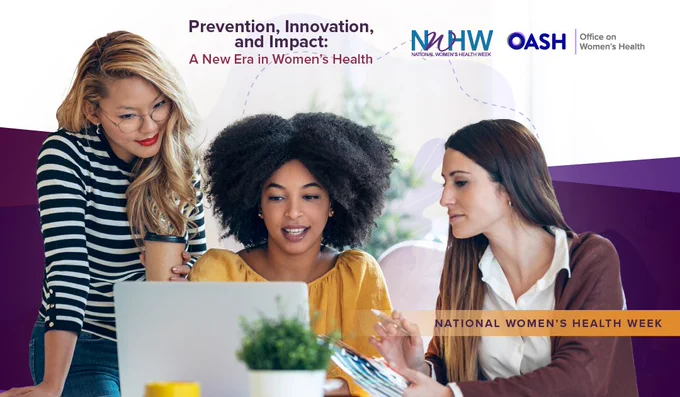 Three women looking at a laptop. Text displayed, \"Prevention, Innovation, and Impact: A New Era in Women\u2019s Health. National Women's Health Week.\" OWH and NWHW logos.