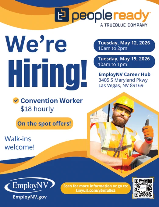 PeopleReady hiring event for convention workers in Las Vegas offering $18 hourly wages and on-the-spot job offers.